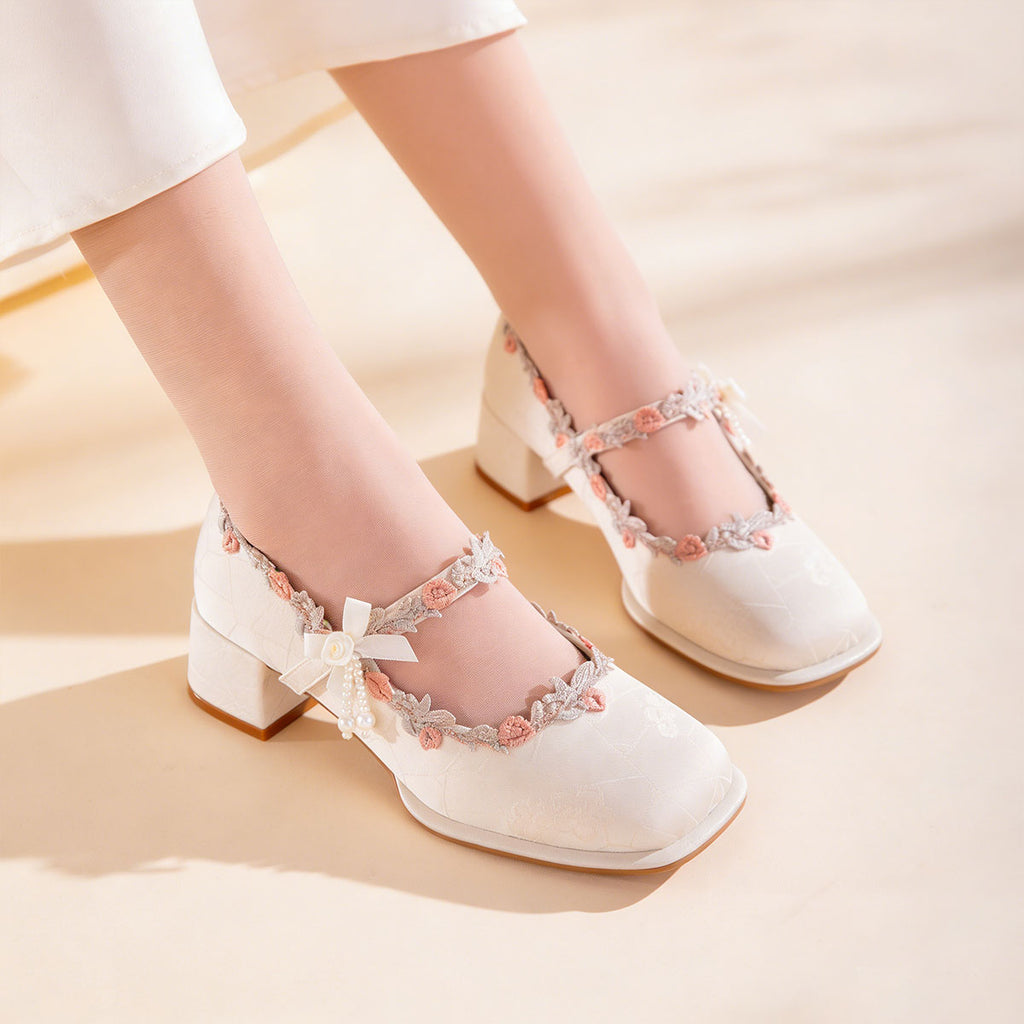 Elegant Oriental Jacquard Satin Mary Jane Shoes With Embroidered Lace And Pearls, Non-Slip Rubber Sole, Comfortable And Non-Fatiguing, Versatile High Heels For Everyday Wear, Parties, And Weddings