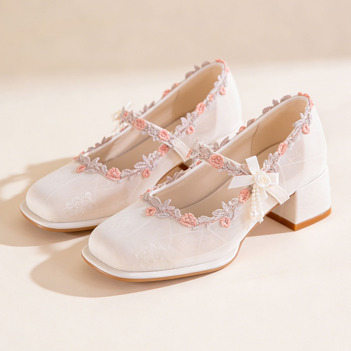 Elegant Oriental Jacquard Satin Mary Jane Shoes With Embroidered Lace And Pearls, Non-Slip Rubber Sole, Comfortable And Non-Fatiguing, Versatile High Heels For Everyday Wear, Parties, And Weddings